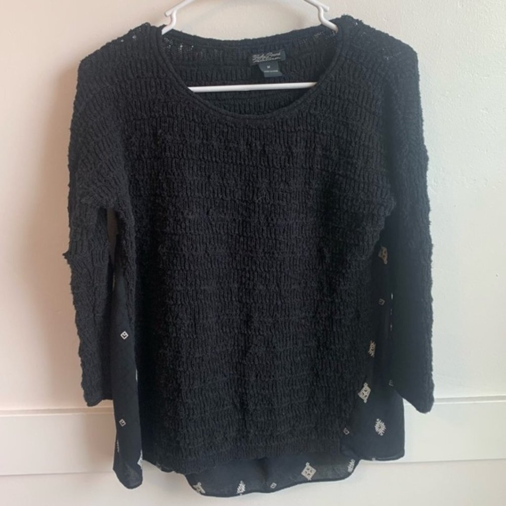 Lucky Brand Black Crew Neck & Sheer Back Quarter Sleeve Sweater
